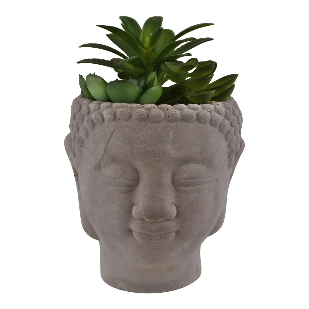 Buddha head plant pot with faux succulent