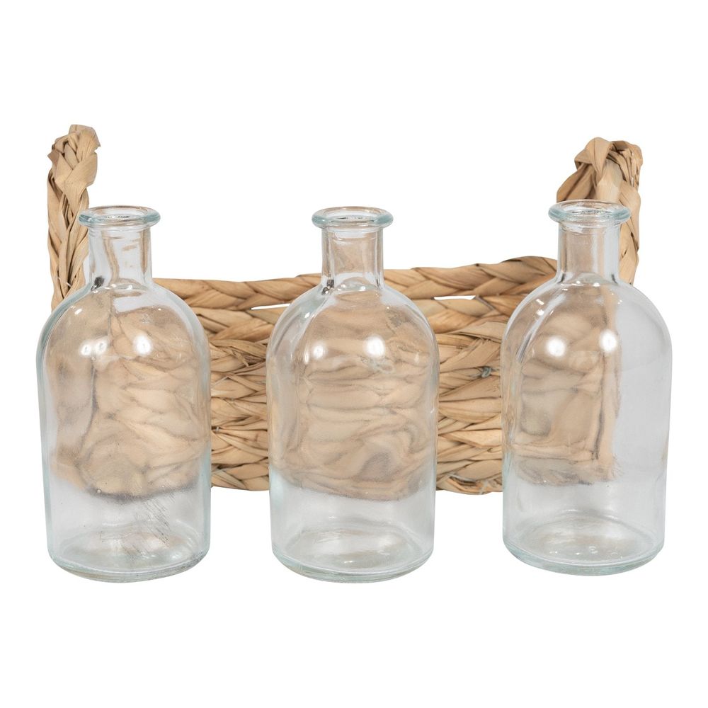 3 Small Glass Vases With Grass Tray