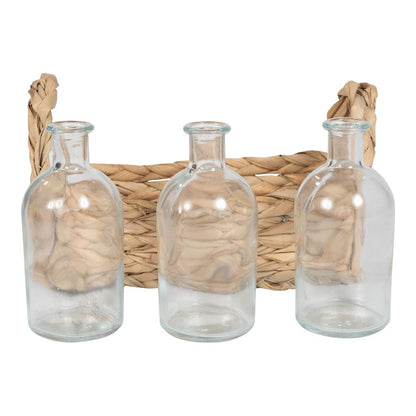 3 Small Glass Vases With Grass Tray