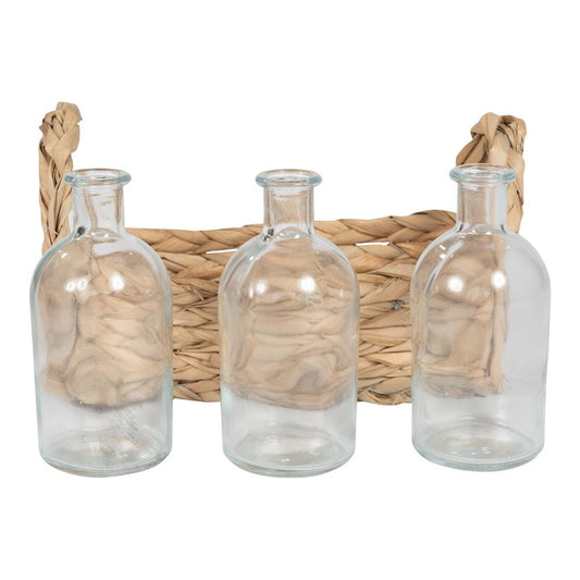 3 Small Glass Vases With Grass Tray