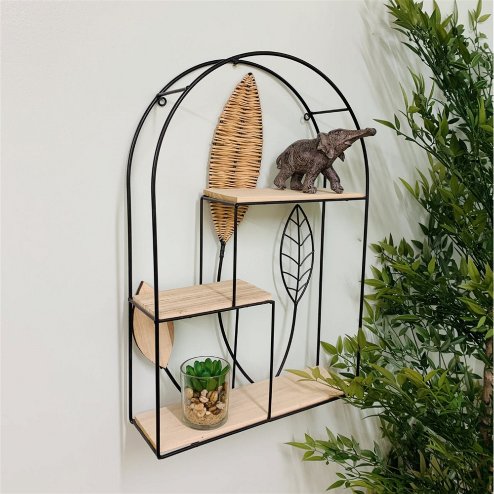 Arched Metal Framed 3 tier Rattan Leaf Shelf with ornaments