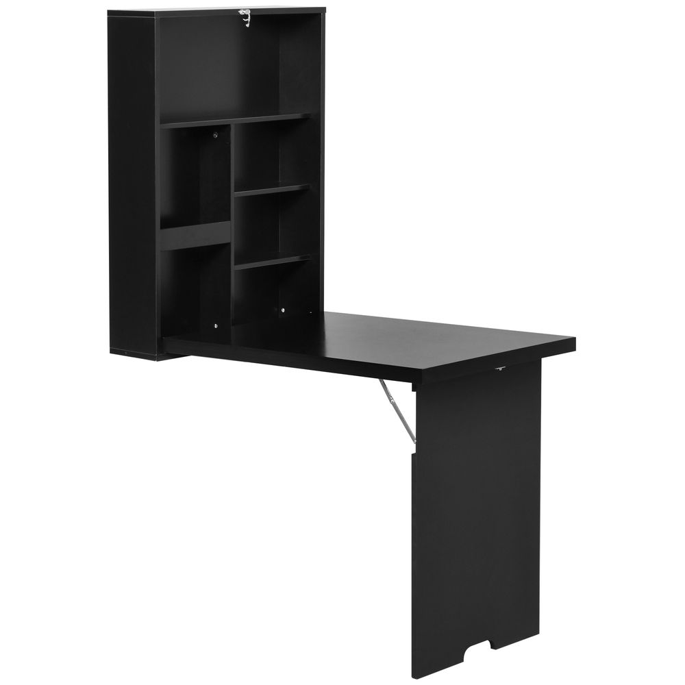 Black Folding Wall-Mounted Drop-Leaf Table With Chalkboard Shelf