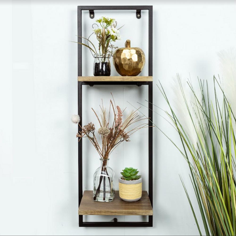 Narrow 2 Tier Dark OAK Floating Wall Shelf with Black Frame