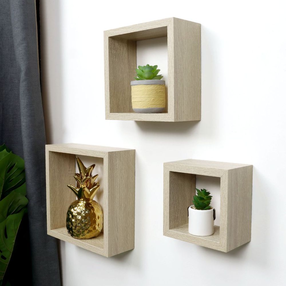 Cube Oak Floating Wall Shelves - Set of 3