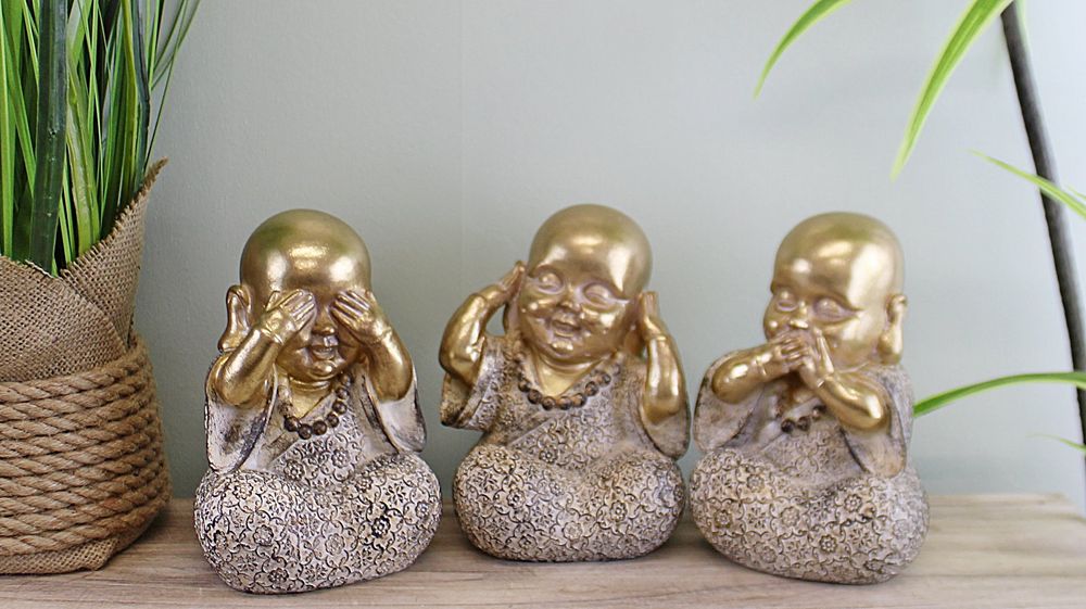 Gold Buddha Ornaments, See No Evil, Hear No Evil, Speak No Evil - Set of 3