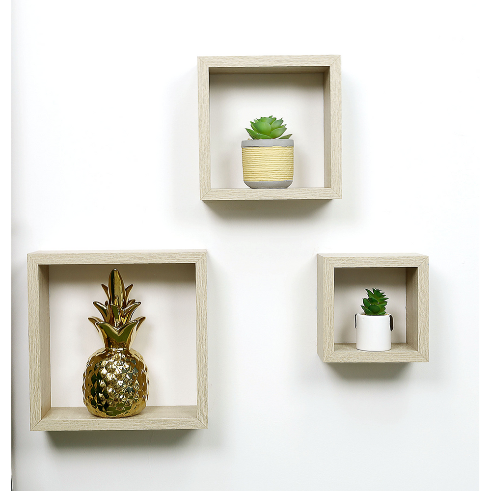 Cube Oak Floating Wall Shelves - Set of 3