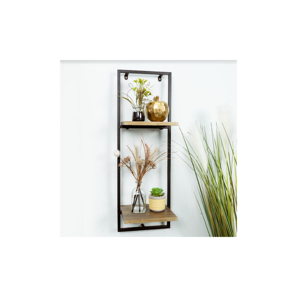 Narrow 2 Tier Dark OAK Floating Wall Shelf with Black Frame