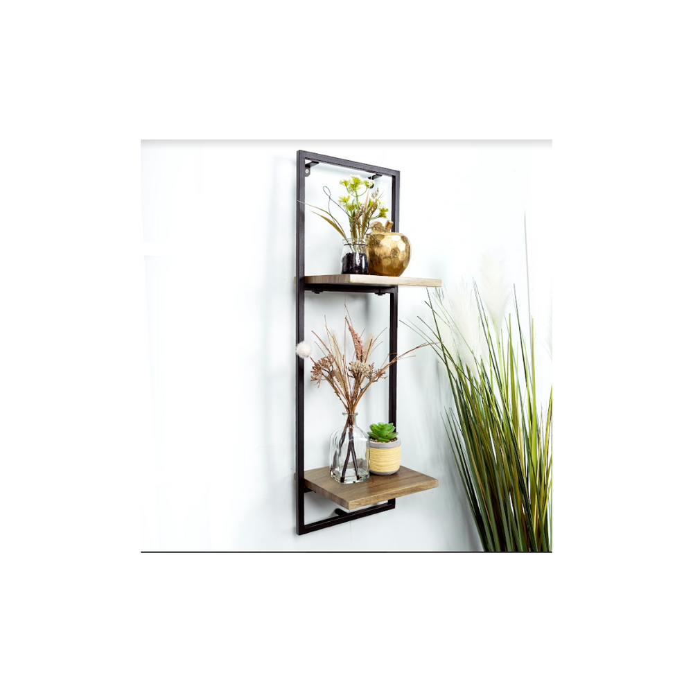 Narrow 2 Tier Dark OAK Floating Wall Shelf with Black Frame