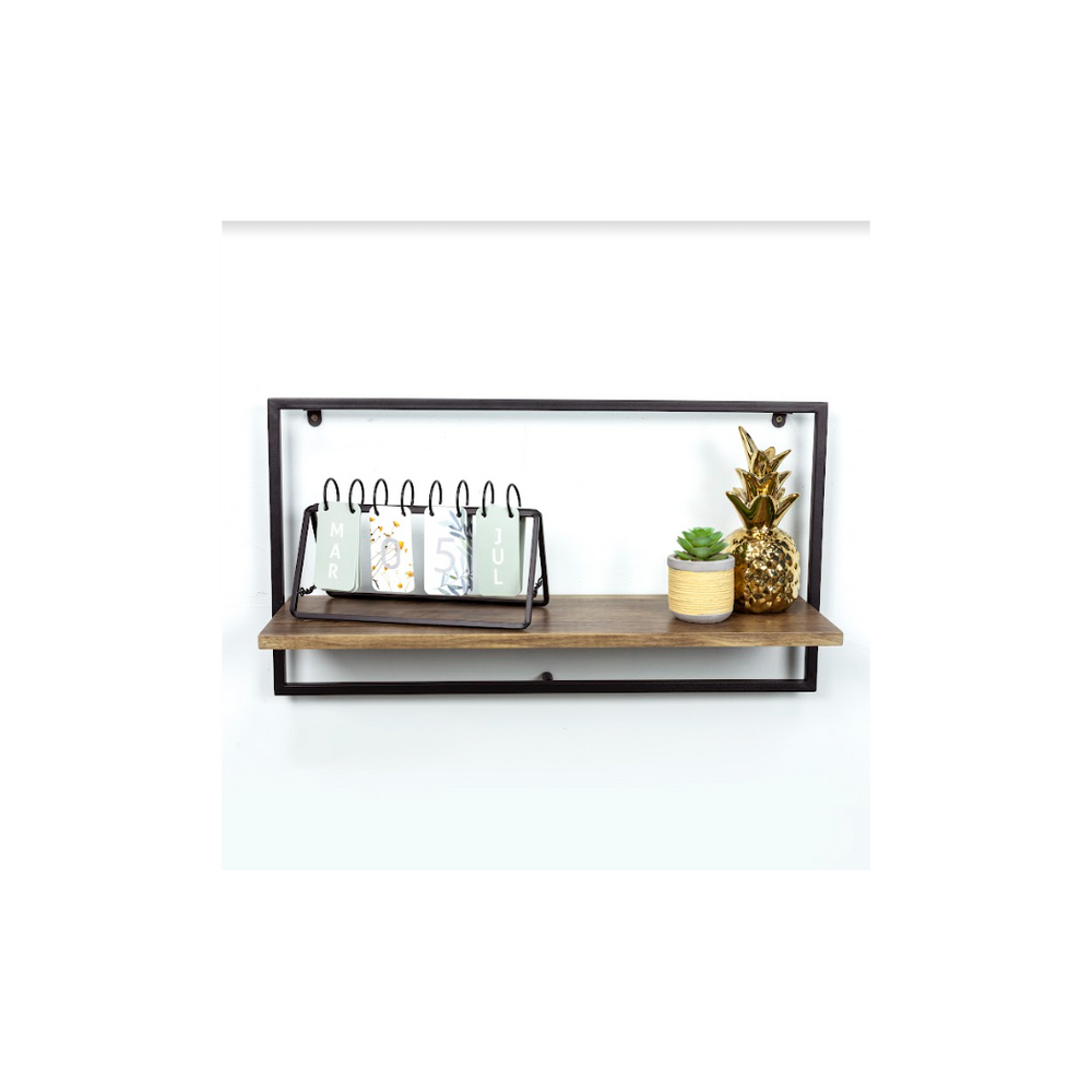 Wide Dark OAK Floating Wall Shelf with Black Frame