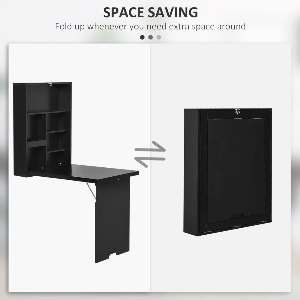 Black Folding Wall-Mounted Drop-Leaf Table With Chalkboard Shelf Multifunction