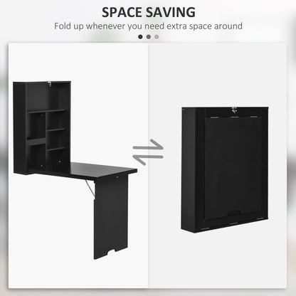 Black Folding Wall-Mounted Drop-Leaf Table With Chalkboard Shelf Multifunction