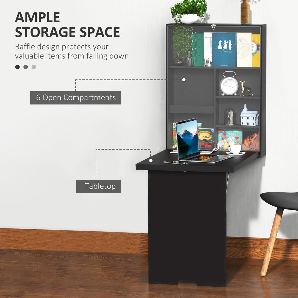 Black Folding Wall-Mounted Drop-Leaf Table With Chalkboard Shelf Multifunction