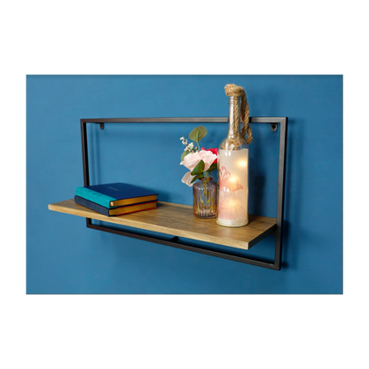 Wide Dark OAK Floating Wall Shelf with Black Frame