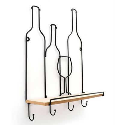 Wine Bottles Wall Shelf & 4 Hooks