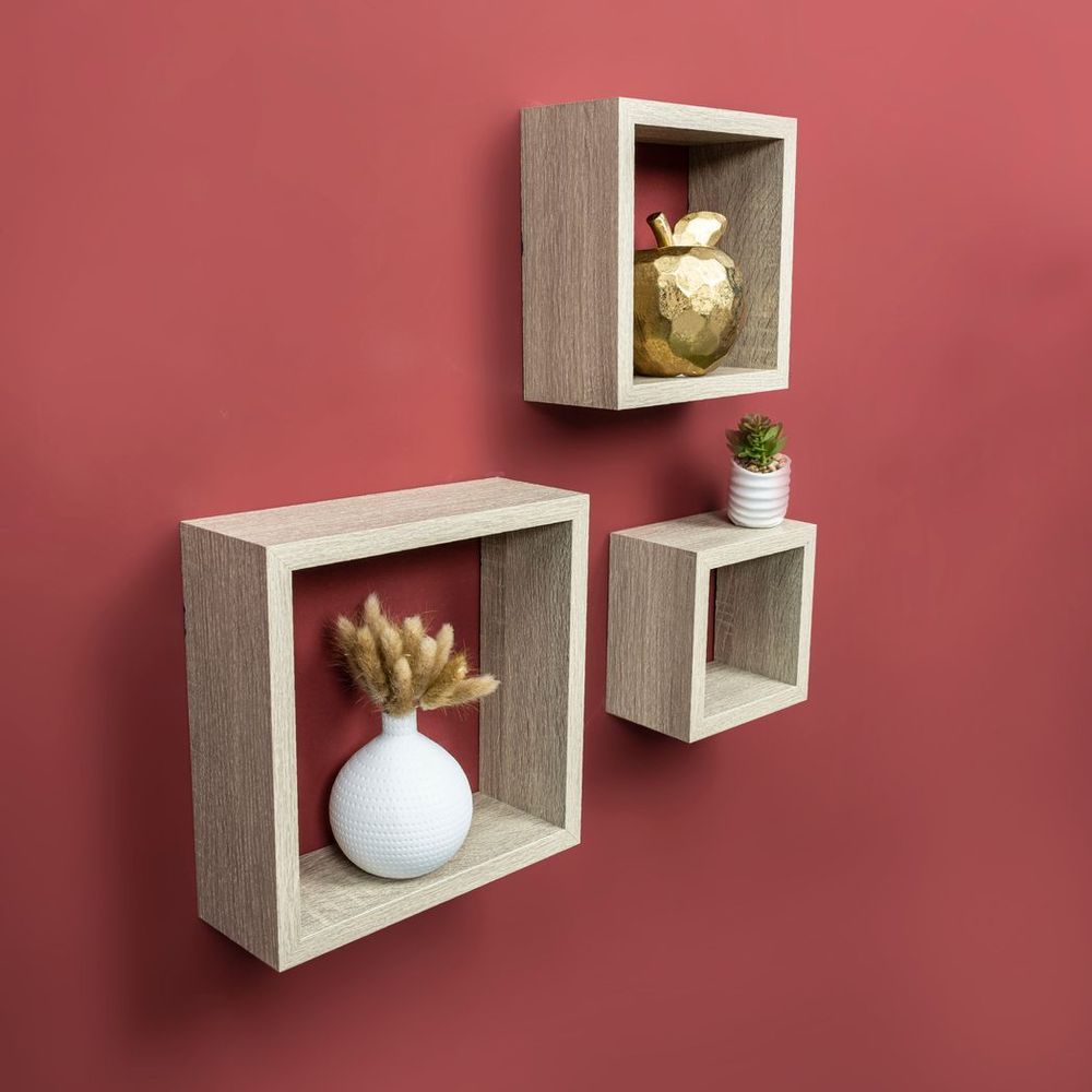 Cube Oak Floating Wall Shelves - Set of 3