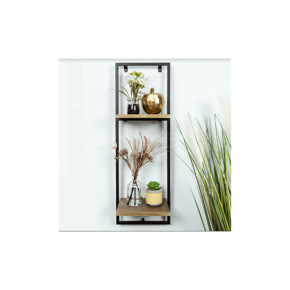 Narrow 2 Tier Dark OAK Floating Wall Shelf with Black Frame