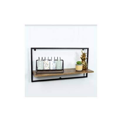 Wide Dark OAK Floating Wall Shelf with Black Frame