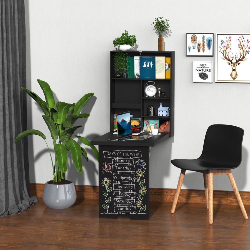 Black Folding Wall-Mounted Drop-Leaf Table With Chalkboard Shelf Multifunction