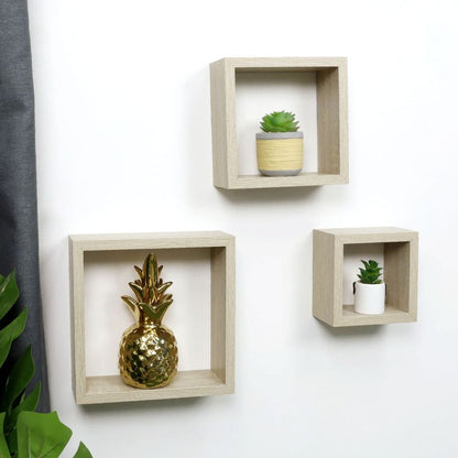 Cube Oak Floating Wall Shelves - Set of 3