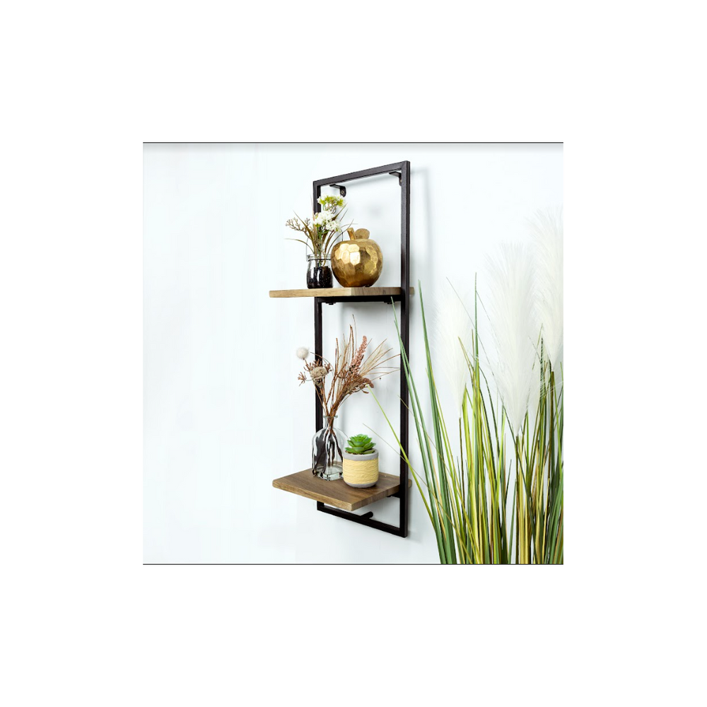 Narrow 2 Tier Dark OAK Floating Wall Shelf with Black Frame