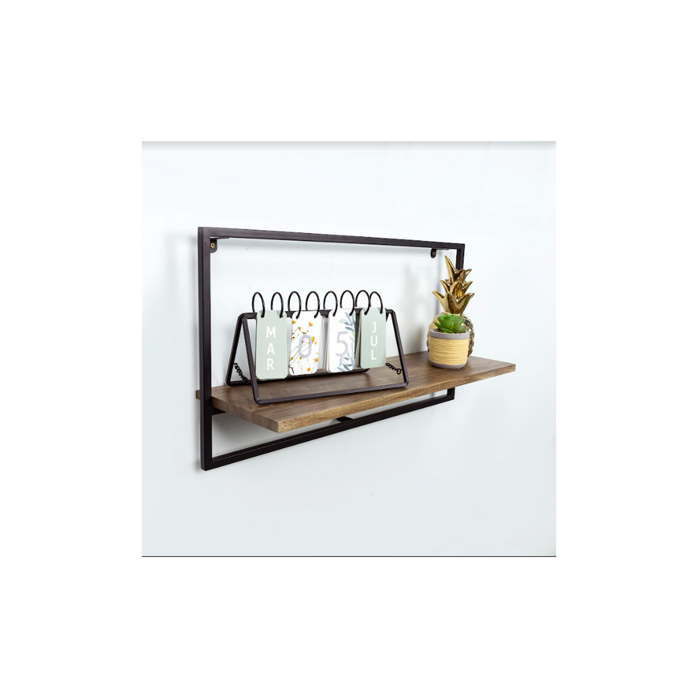 Wide Dark OAK Floating Wall Shelf with Black Frame