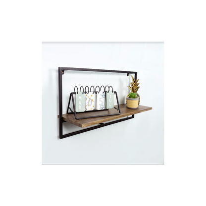 Wide Dark OAK Floating Wall Shelf with Black Frame