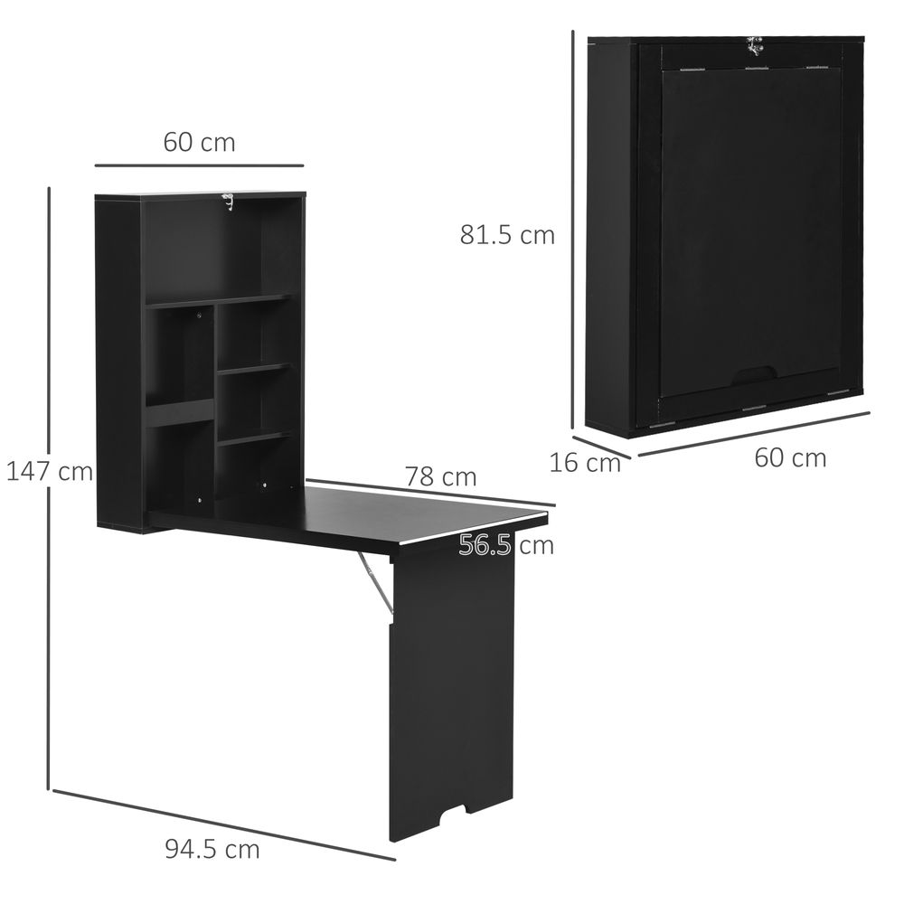 Black Folding Wall-Mounted Drop-Leaf Table With Chalkboard Shelf Multifunction