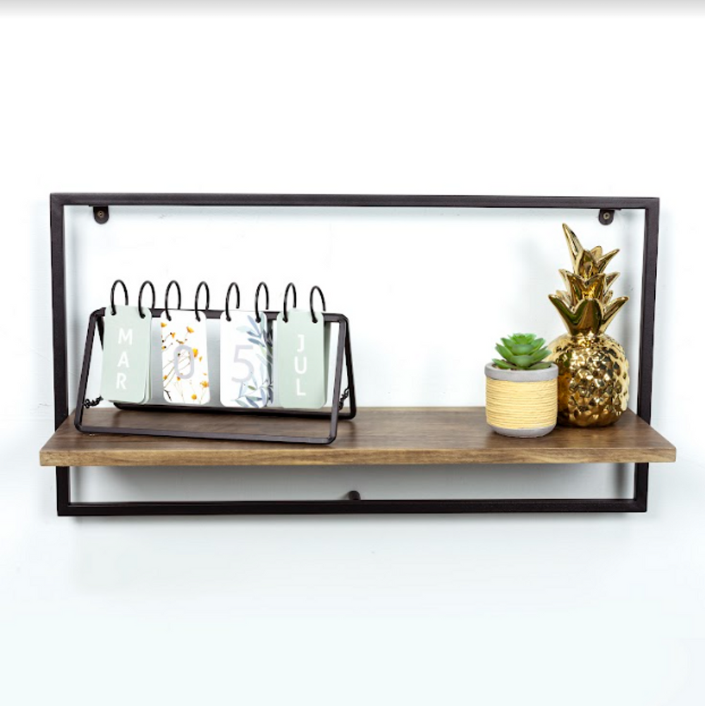 Wide Dark OAK Floating Wall Shelf with Black Frame